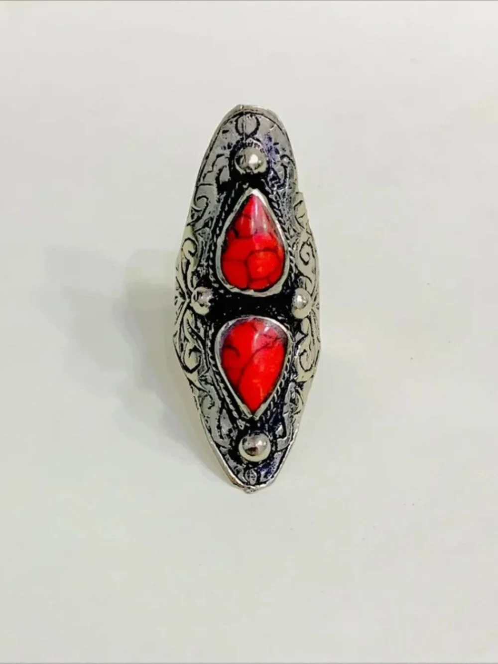 Kuchi Dual Red Stone Ring: Tribal Ethnic Bohemian Jewelry
